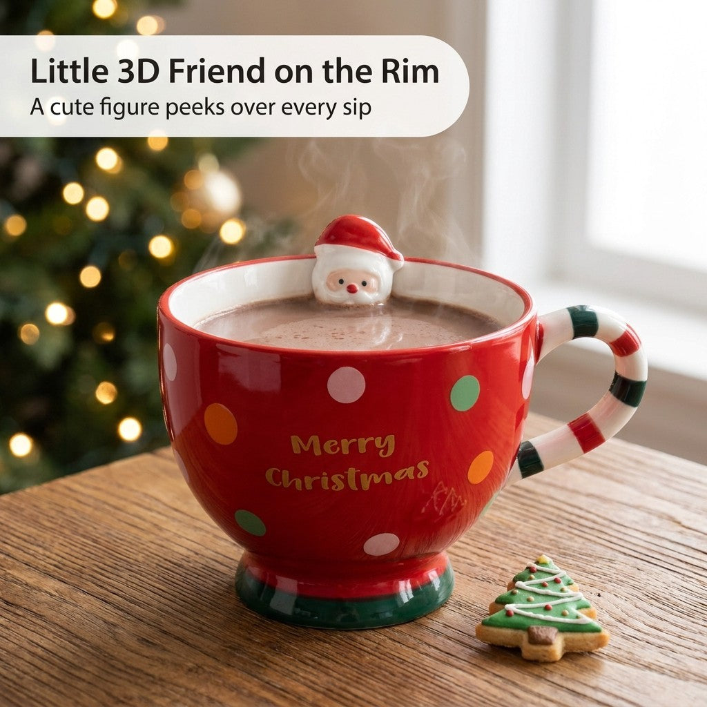3D Santa figure on the rim of the red Christmas bowl mug