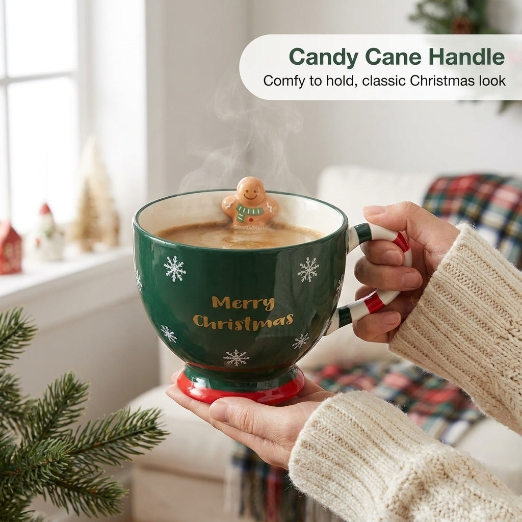 Hands holding the green Christmas bowl mug by its candy cane handle
