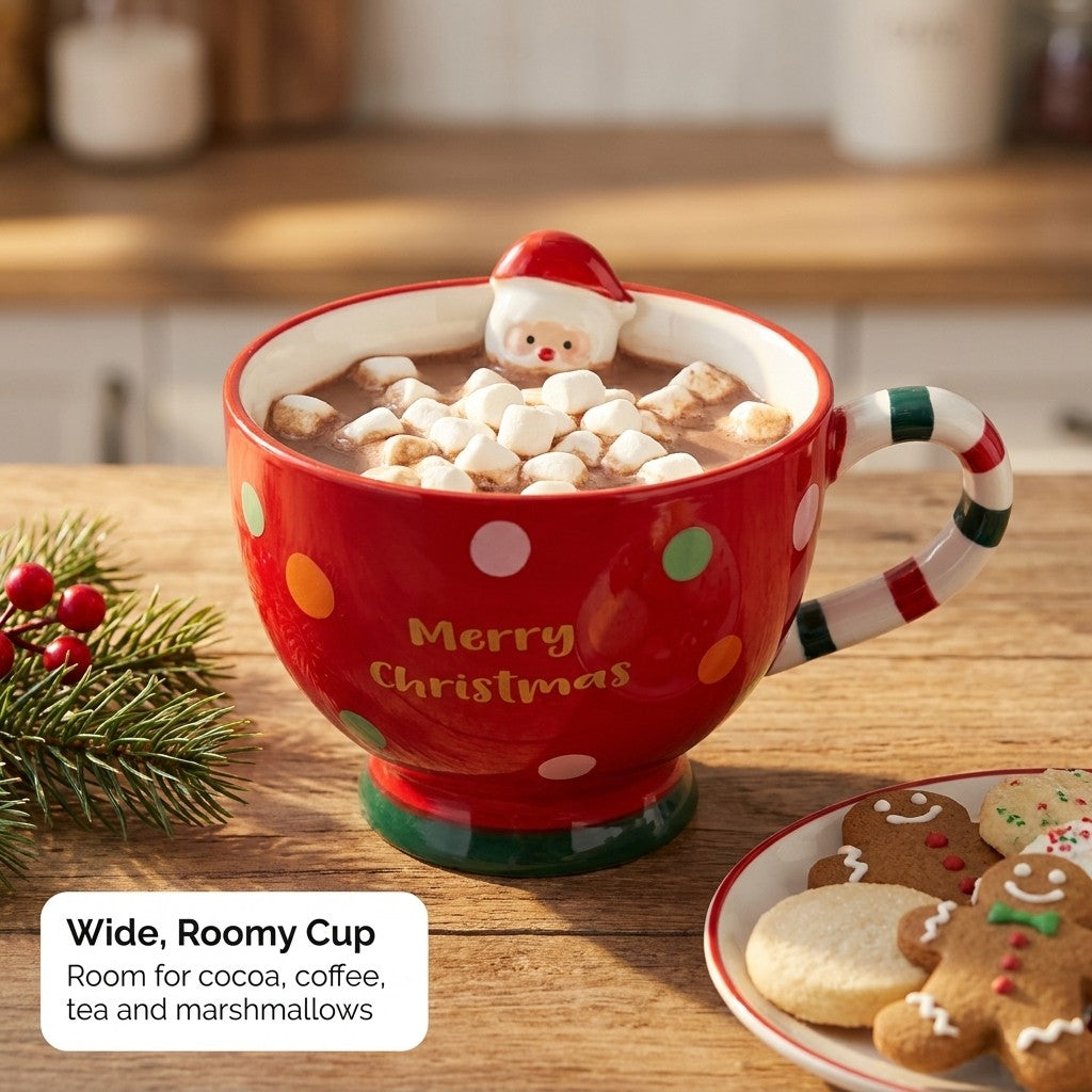 Red Christmas bowl mug filled with hot cocoa and marshmallows