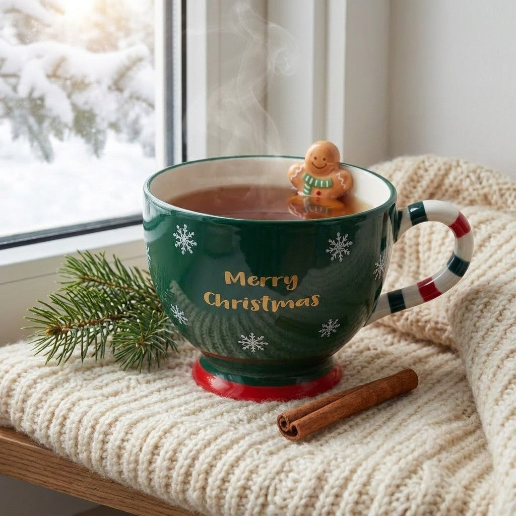 Green footed Christmas bowl mug on a snowy windowsill