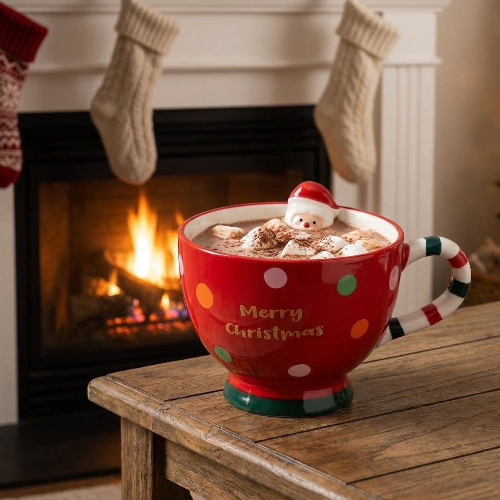 Red footed Christmas bowl mug by the fireplace