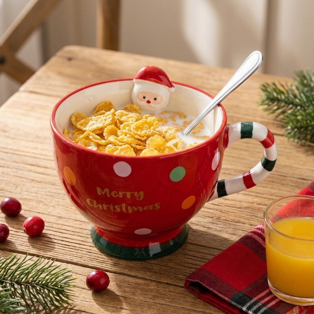 Red Christmas bowl mug filled with cornflakes and milk at breakfast