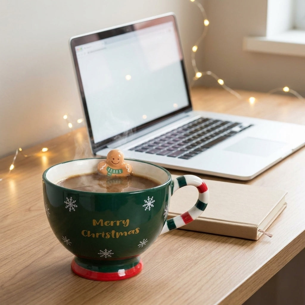 Green Christmas bowl mug on a home-office desk