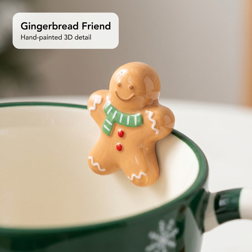 Close-up of the 3D gingerbread man on the green mug