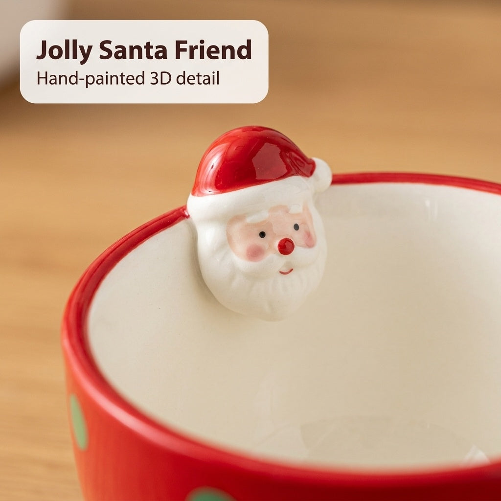 Close-up of the 3D Santa figure on the red mug