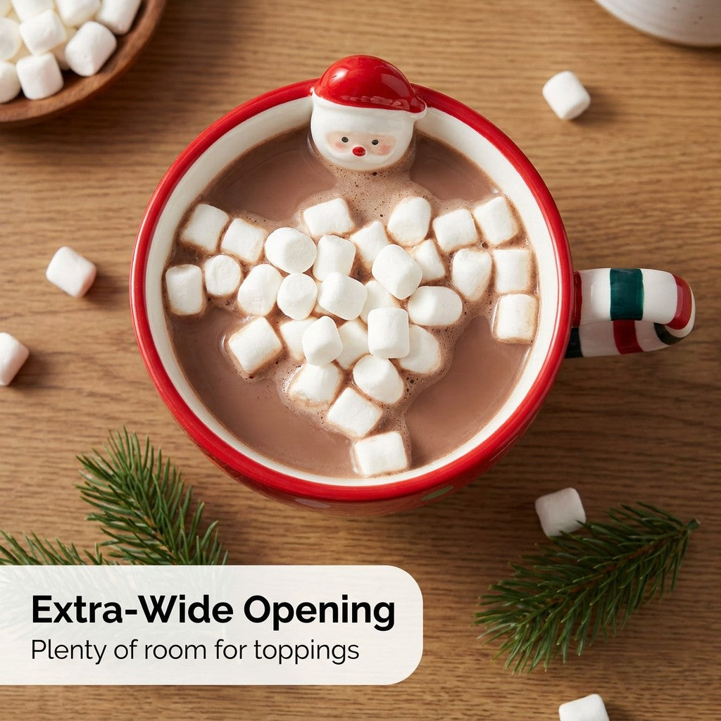 Top view of the wide opening of the red Christmas mug