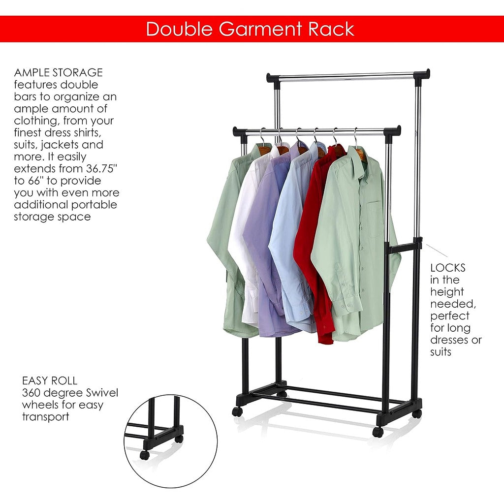 Adjustable Double Rod Rolling Garment Rack
