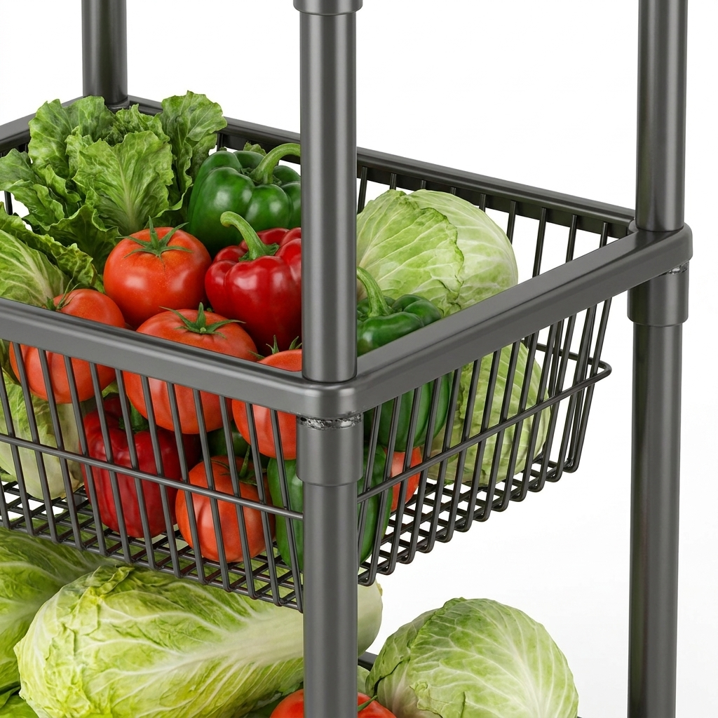 5-Tier Kitchen Storage Rack - wire basket detail with vegetables