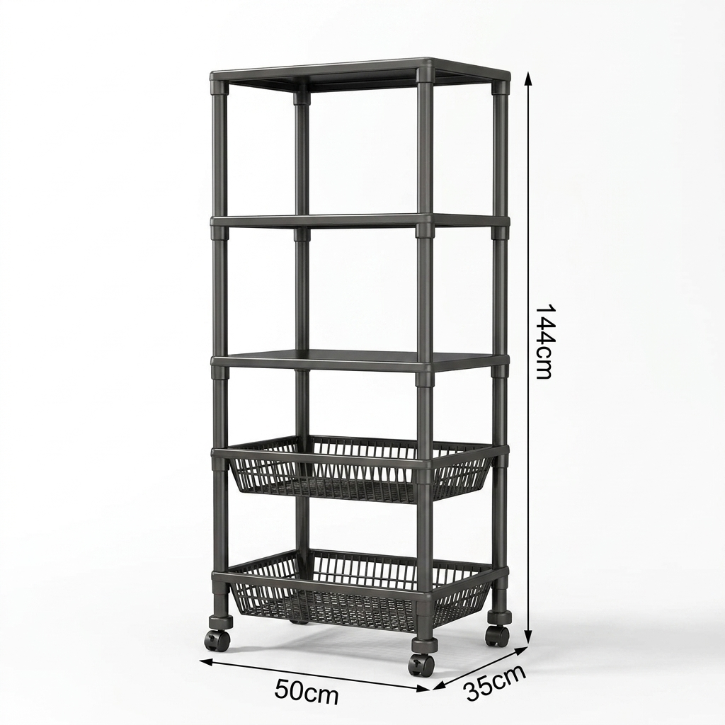 5-Tier Kitchen Storage Rack - empty with dimensions 144x50x35cm