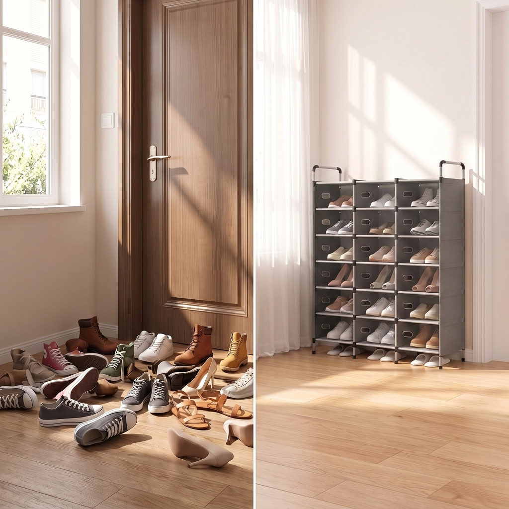Before and after a cluttered entryway transformed