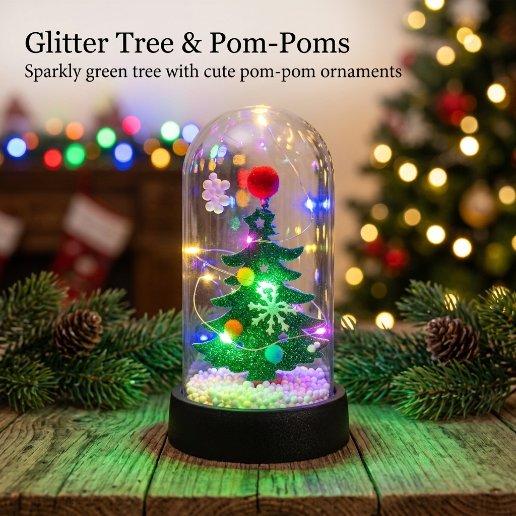Mini LED Christmas Tree Dome - Glitter Tree and Pom-Poms