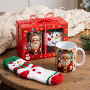Christmas Mug and Fuzzy Socks Gift Set - closed red gift box with Santa mug and snowman fuzzy sock
