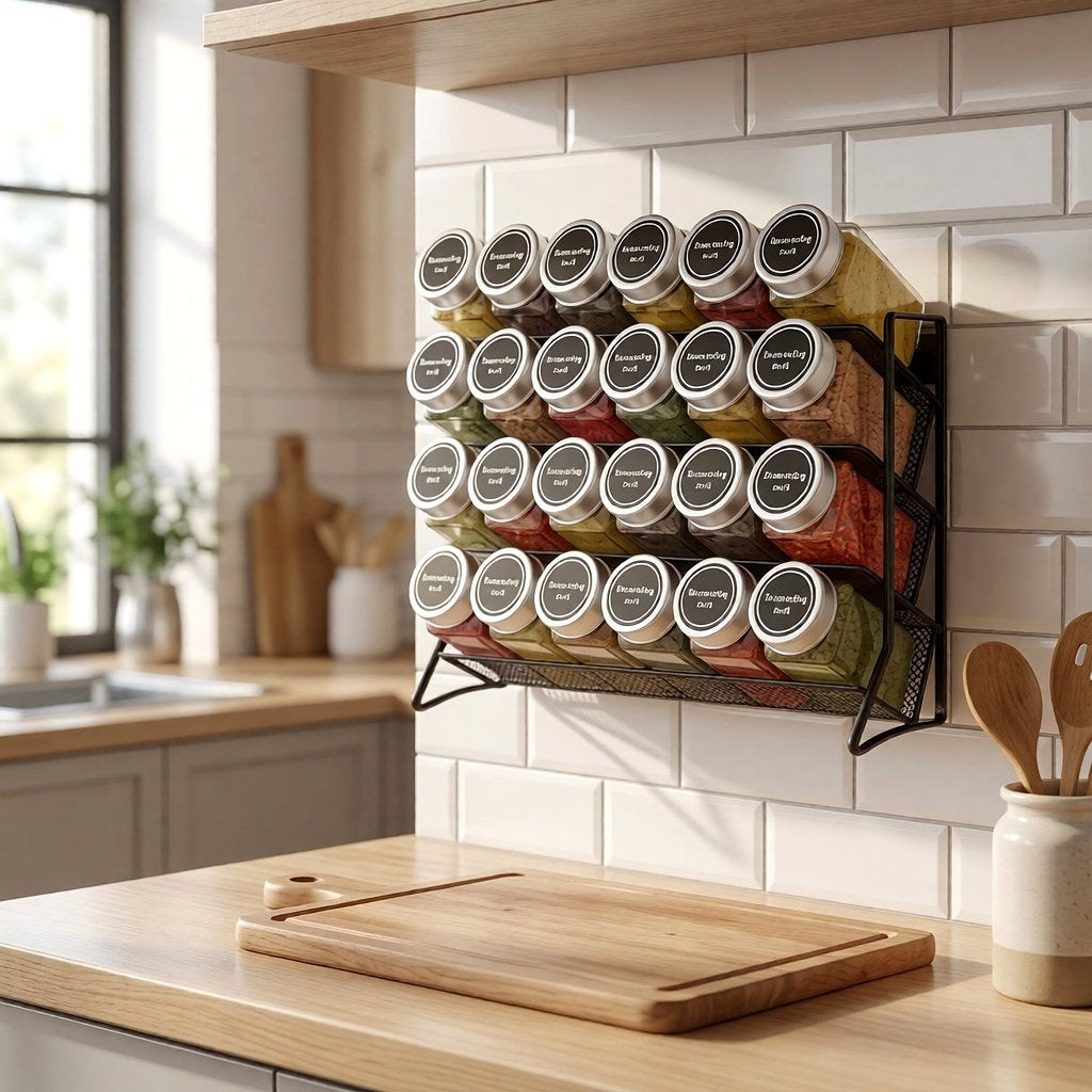 4-Tier Spice Rack with 28 Glass Jars