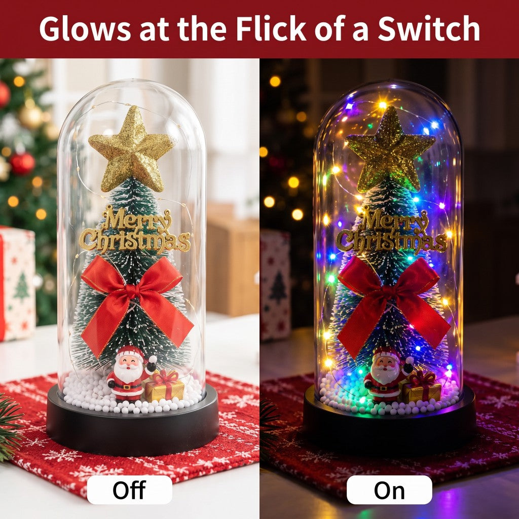 Light-Up Christmas Tree Dome with Santa - lights off vs on