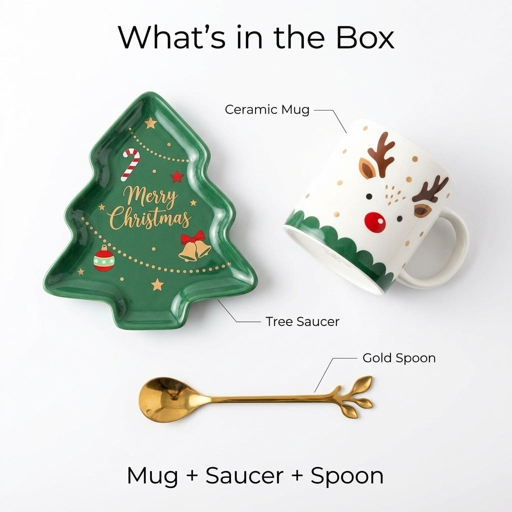 What's in the box: mug, tree saucer and gold spoon