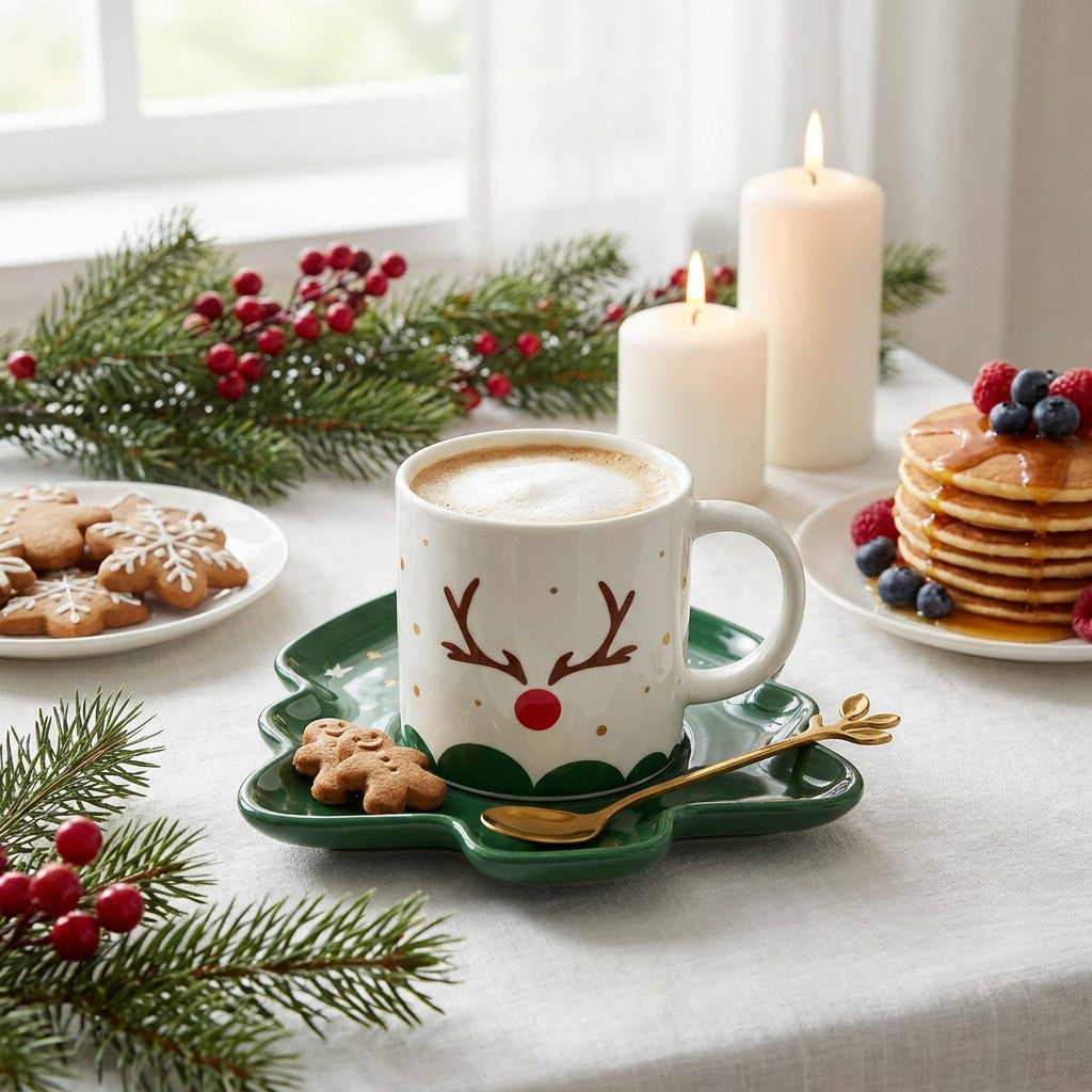 Reindeer mug set on a holiday breakfast table