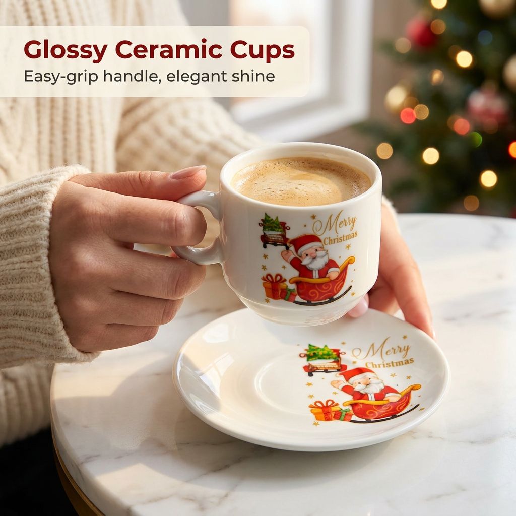 Santa Christmas Cup and Saucer Set of 6 - Glossy Ceramic Cups
