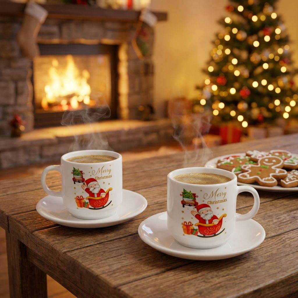 Santa Christmas Cup and Saucer Set of 6 - Christmas morning by the fireplace