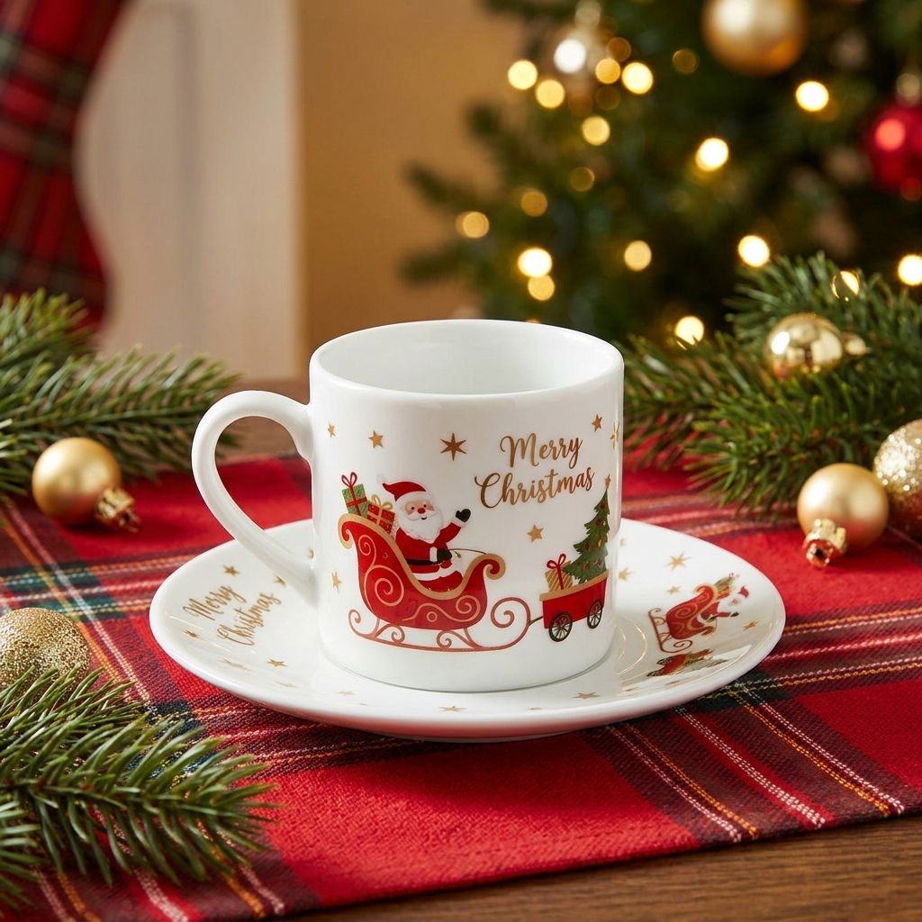 Santa Christmas Cup and Saucer Set of 6 - Sleigh Santa