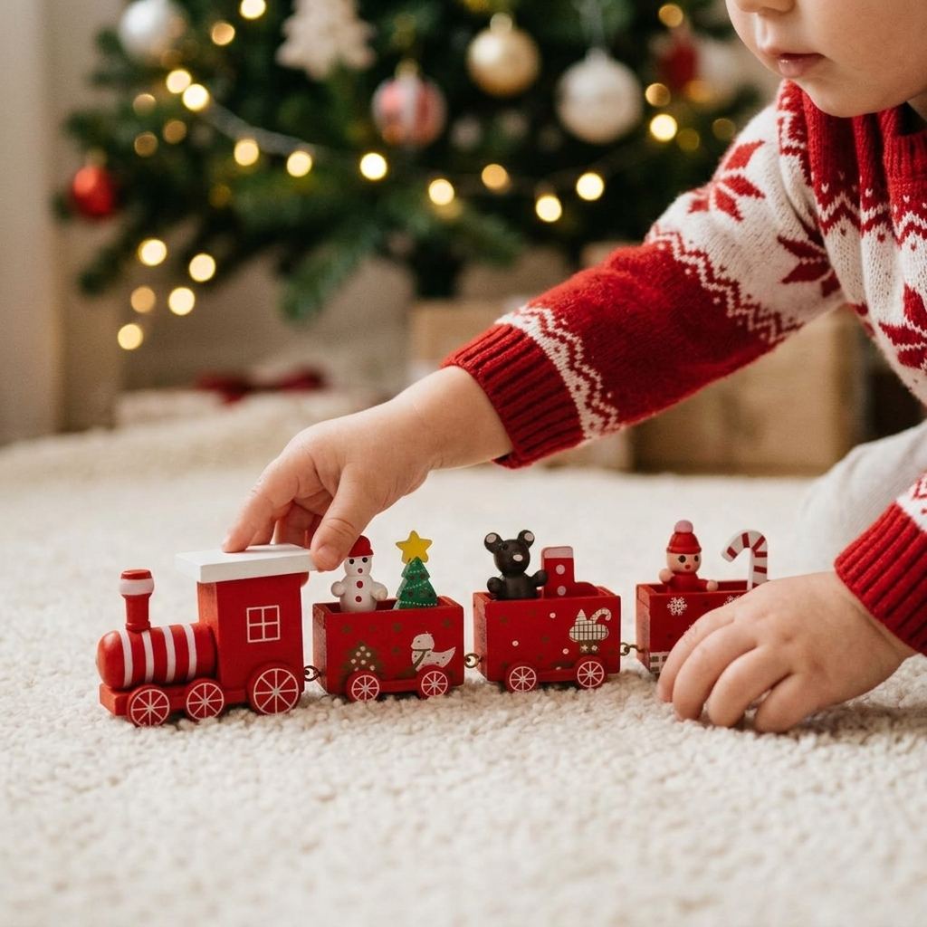 Child playing with the wooden Christmas train
