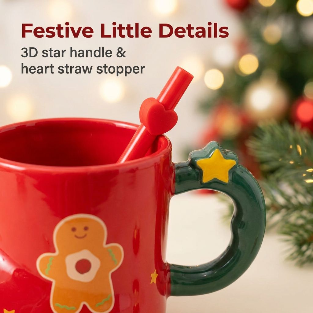 Christmas Boot Mug with Straw - Star handle and heart straw close-up