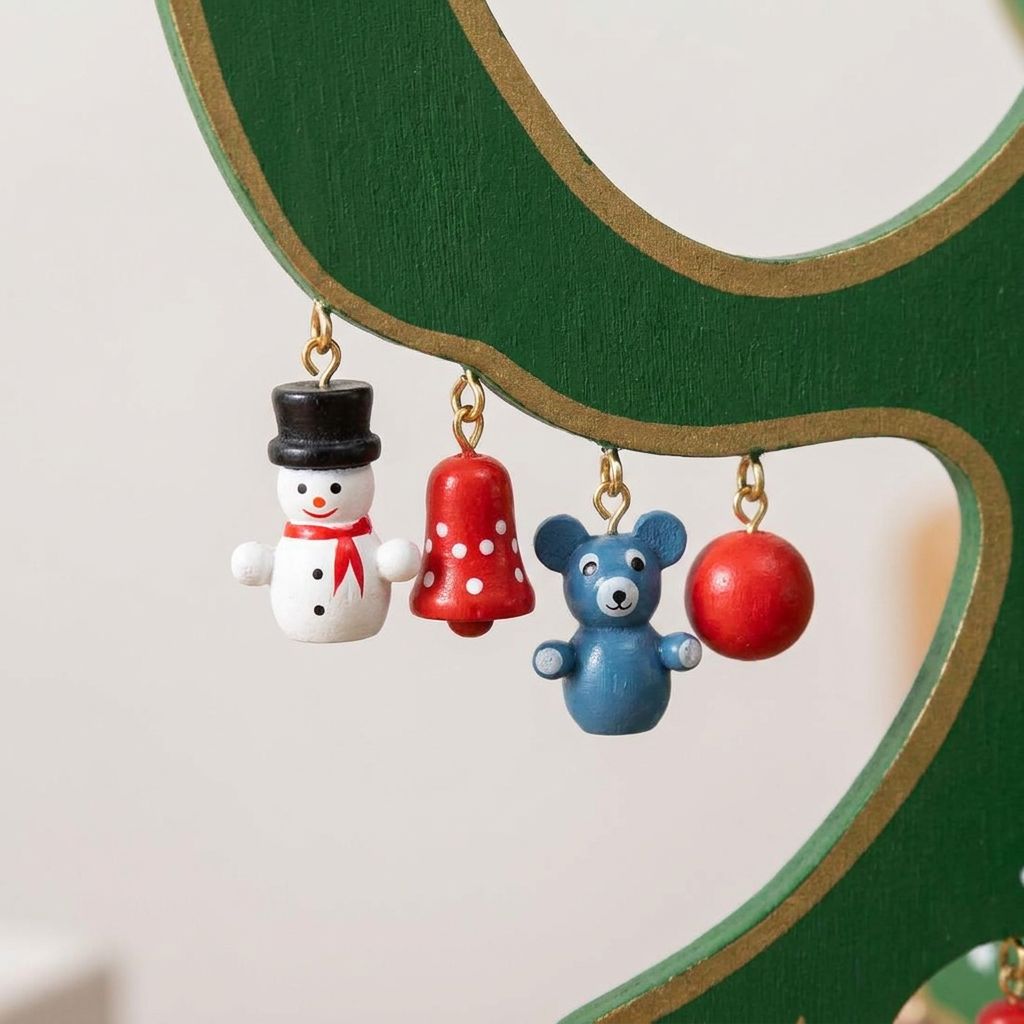 Close-up - hand-painted wooden ornaments on gold hooks