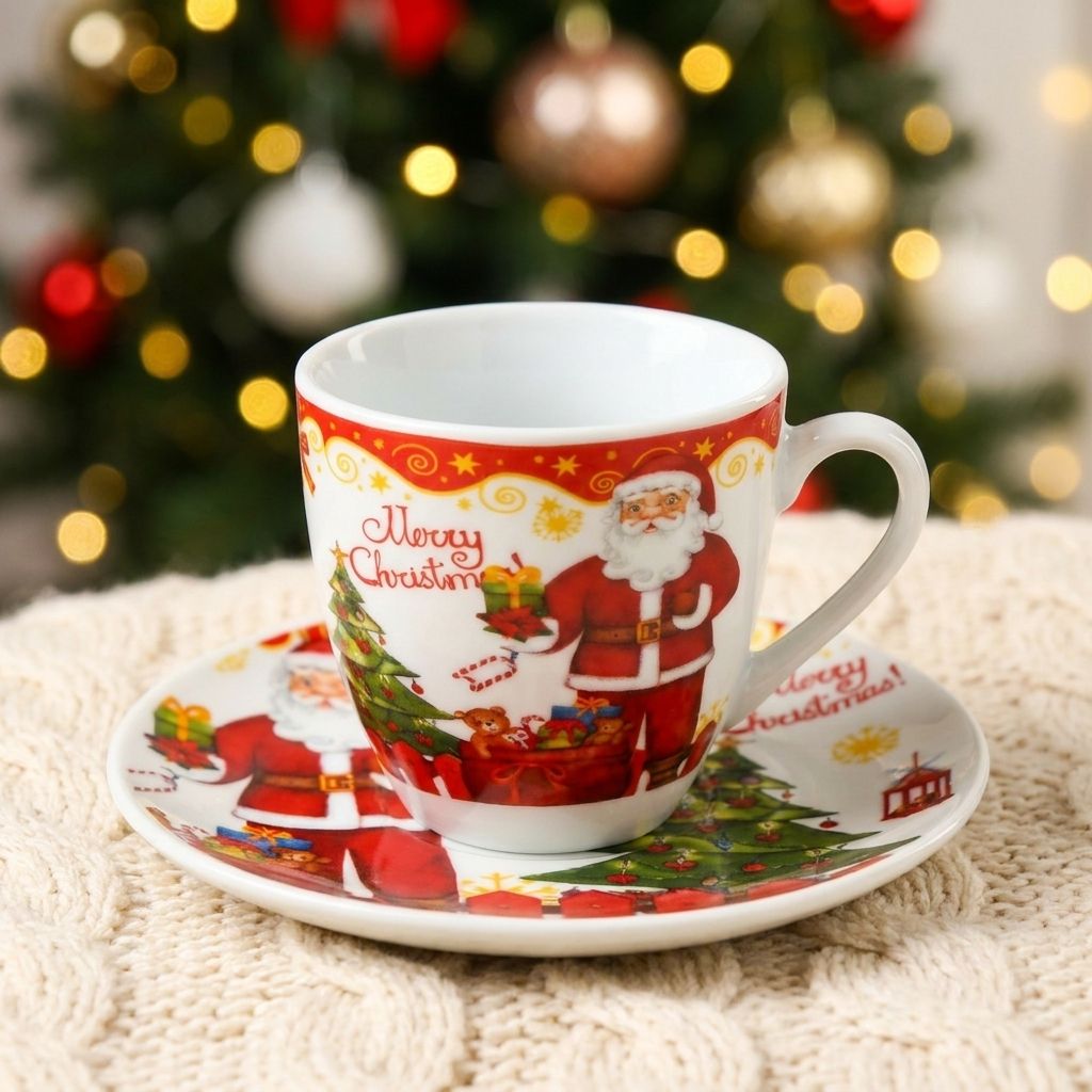 Christmas Mug Set with Saucers - Tree Santa design