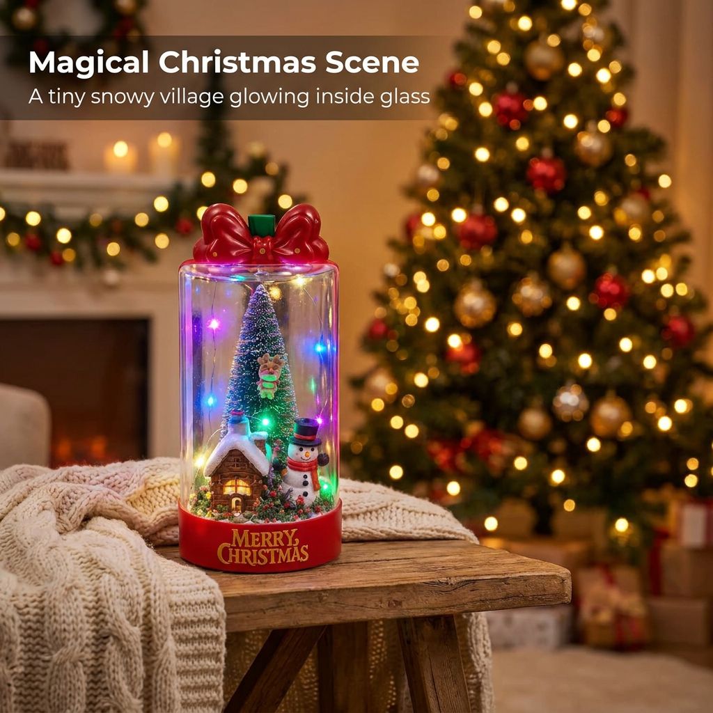 Light-Up Christmas Glass Jar Decoration - Magical Christmas Scene (Snowy Village)