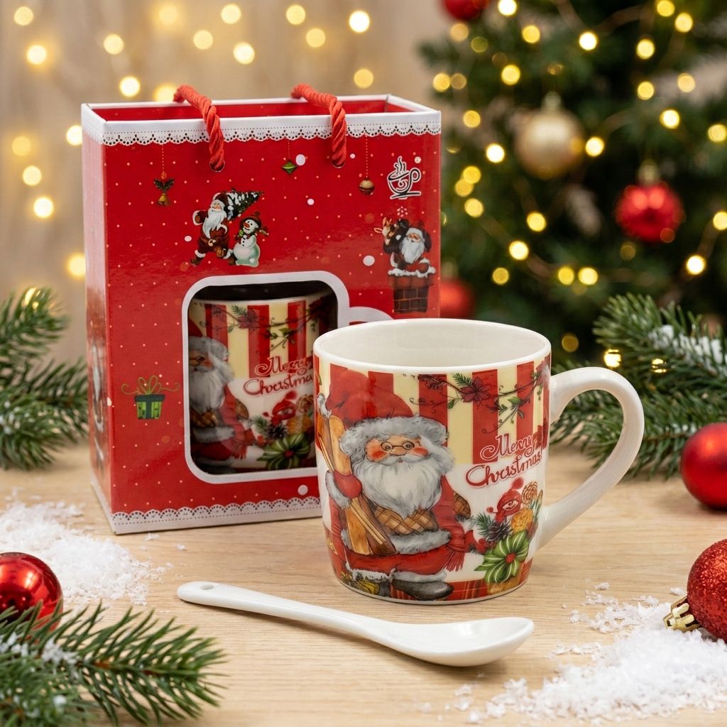 Vintage Santa mug with ceramic spoon and red gift box in a Christmas setting