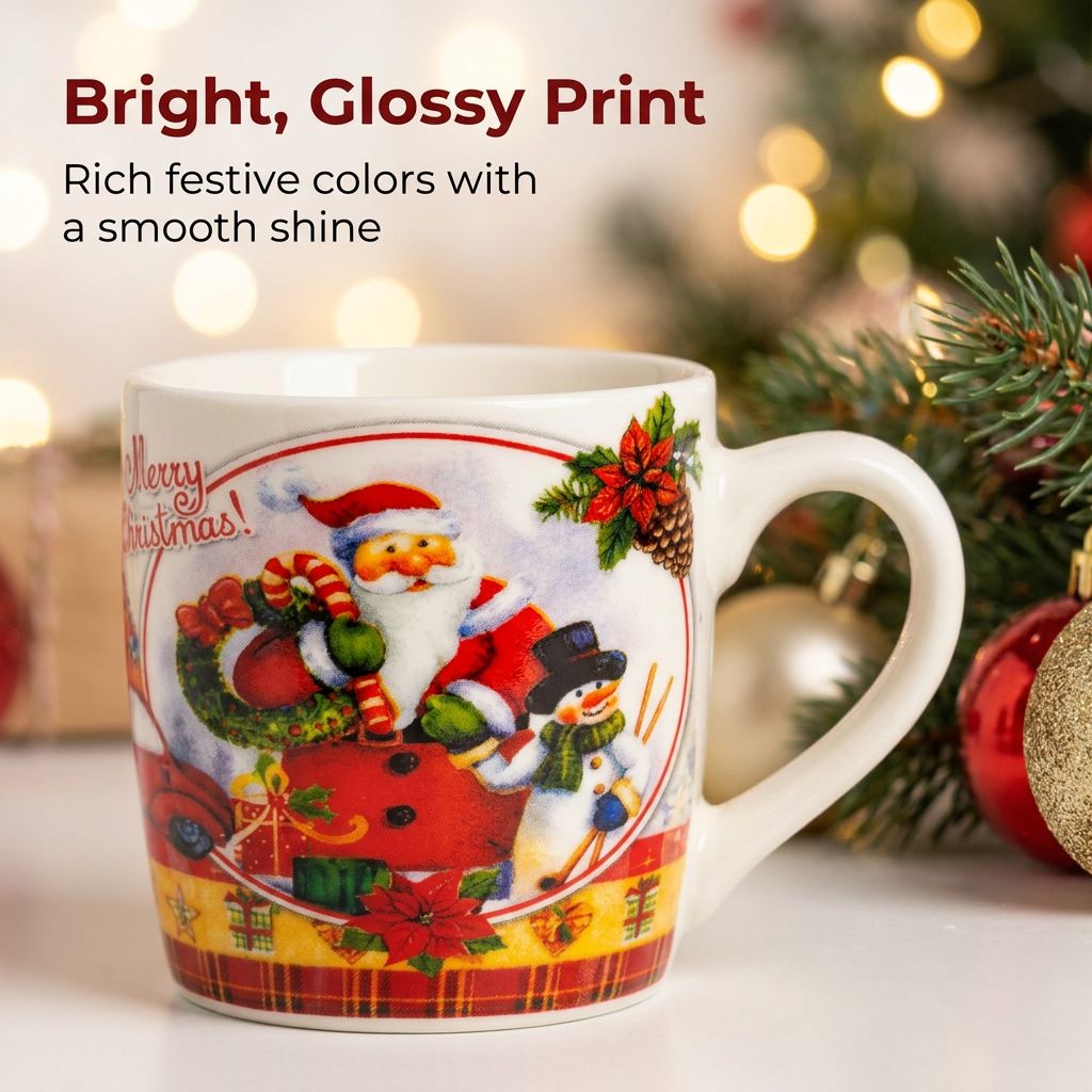 Close-up of glossy Santa and snowman print