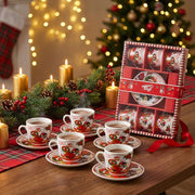 Christmas Mug Set with Saucers - six cups and gift box on a festive table