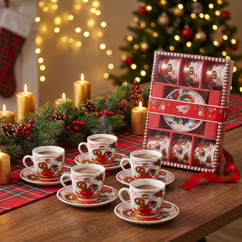 Christmas Mug Set with Saucers - six cups and gift box on a festive table