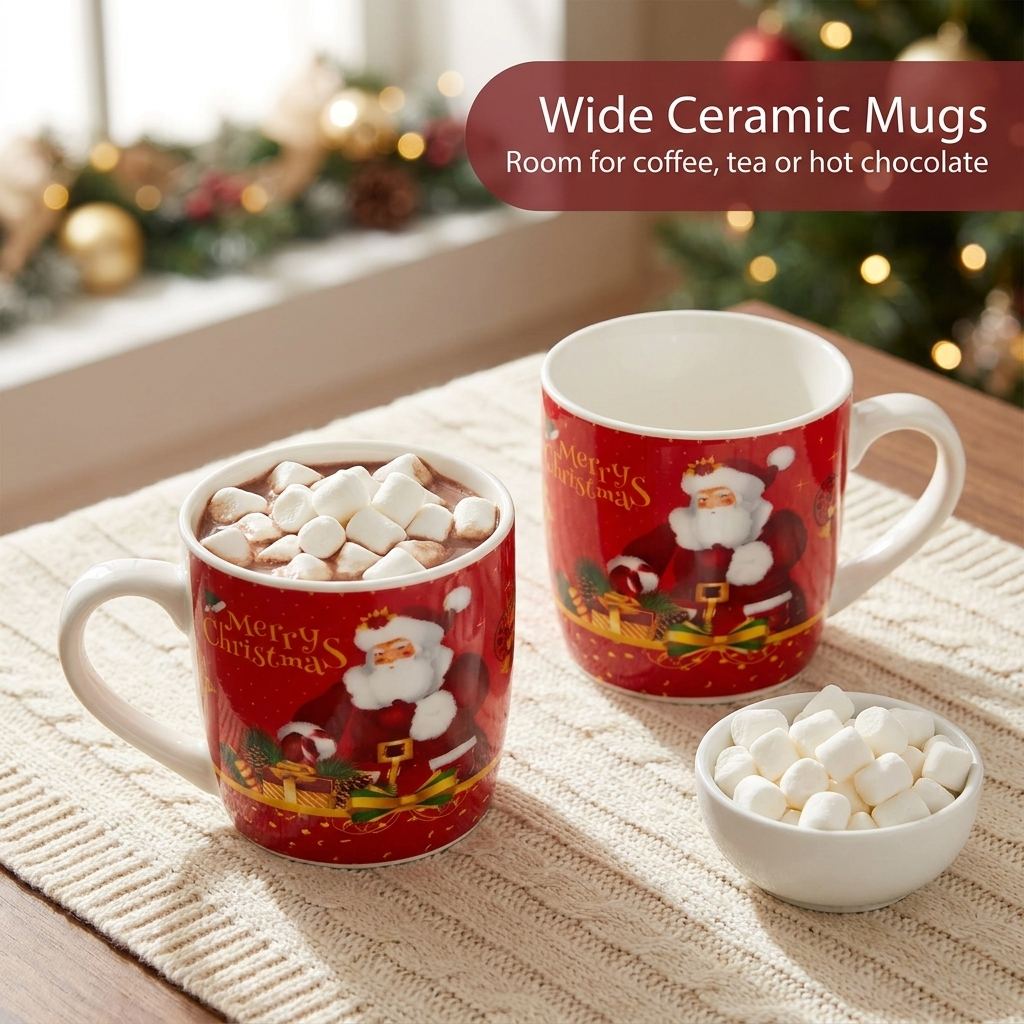 Santa Mug Gift Set of 2 - Wide Ceramic Mugs - Yellow Line Santa