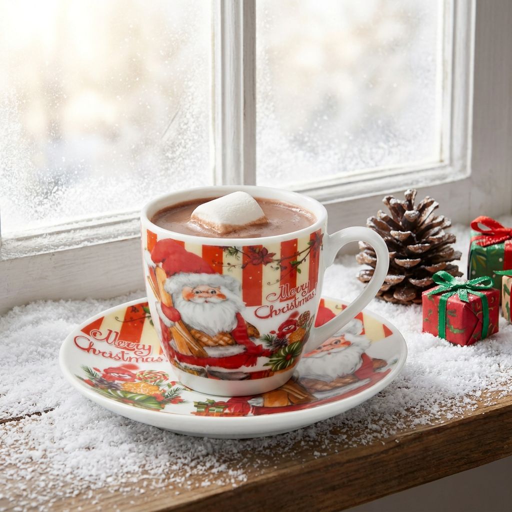 Christmas Mug Set with Saucers - Ski Santa design