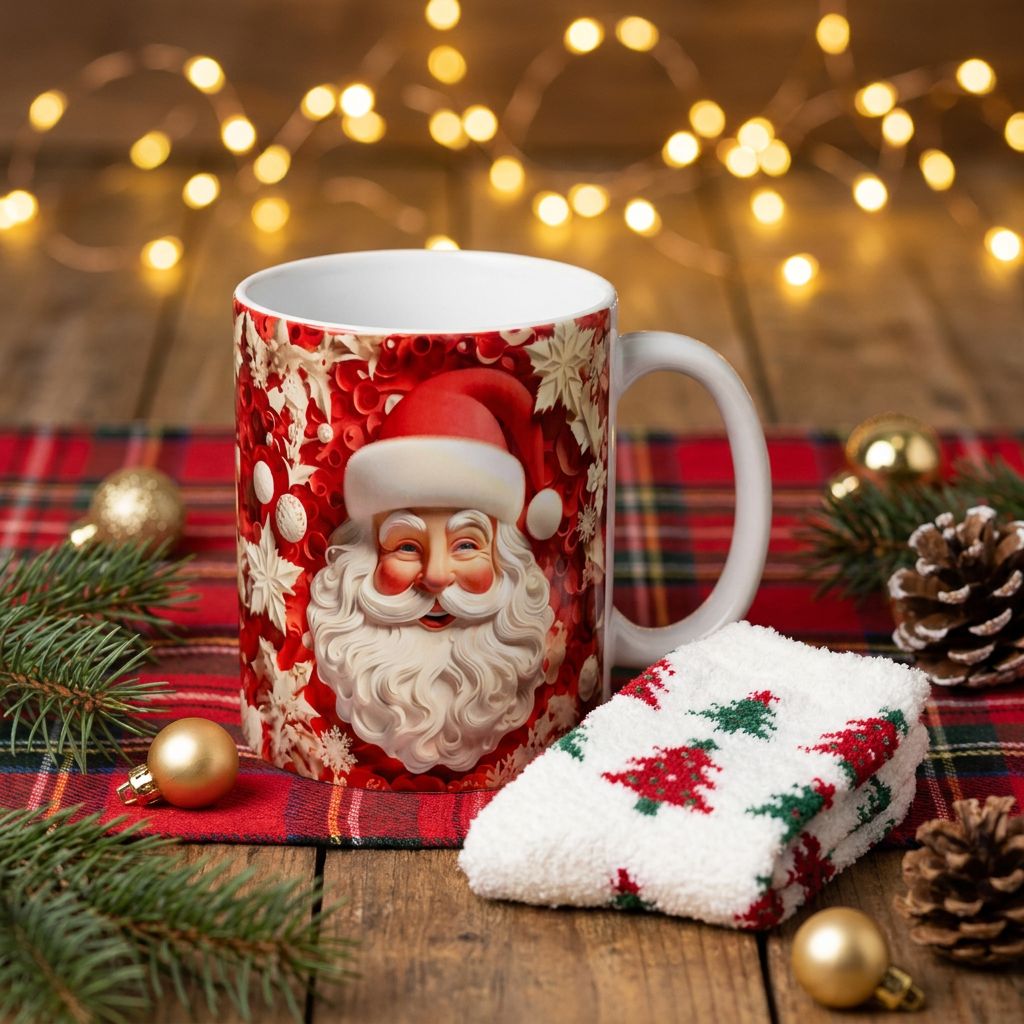 Christmas Mug and Fuzzy Socks Gift Set - Golden Santa mug with fuzzy socks