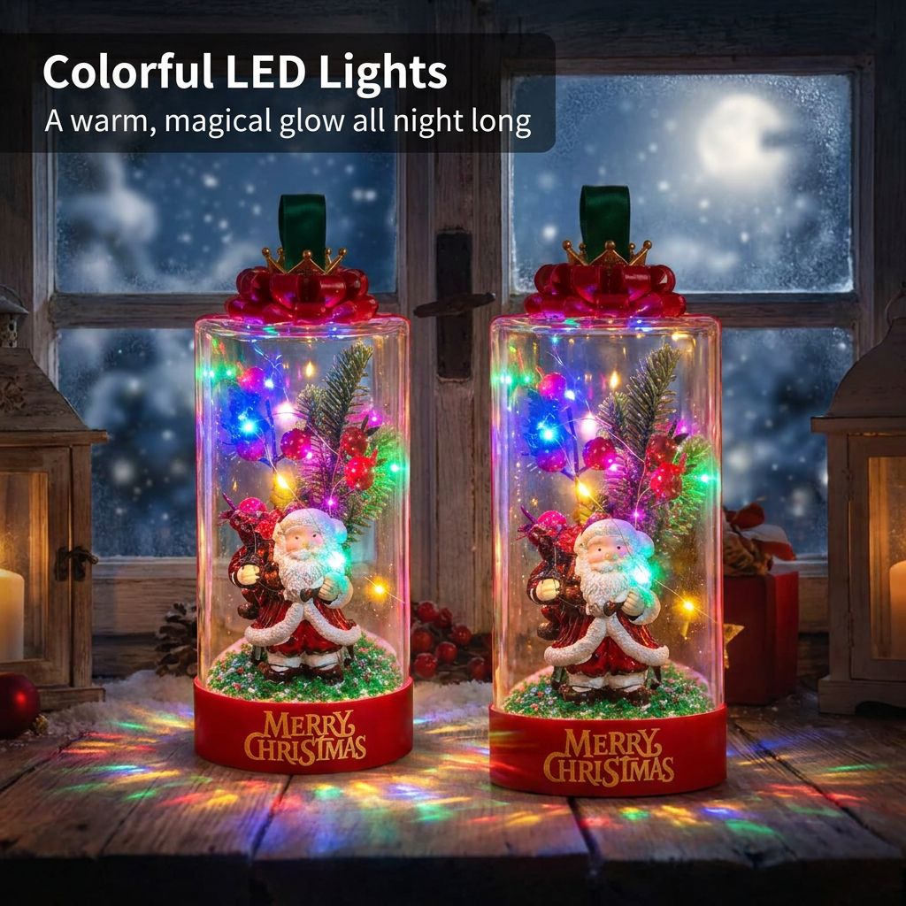 Light-Up Christmas Glass Jar Decoration - Colorful LED Lights (Santa)