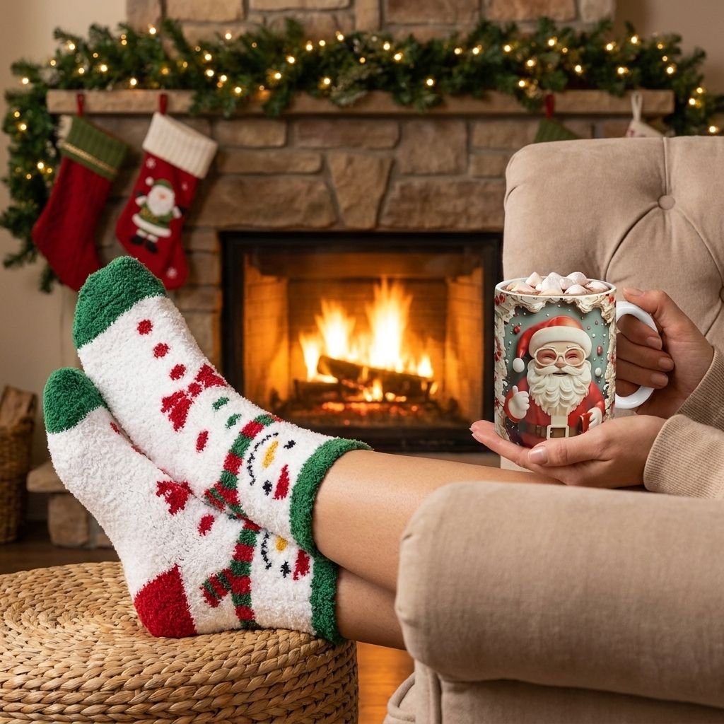 Christmas Mug and Fuzzy Socks Gift Set - cozy fireplace evening