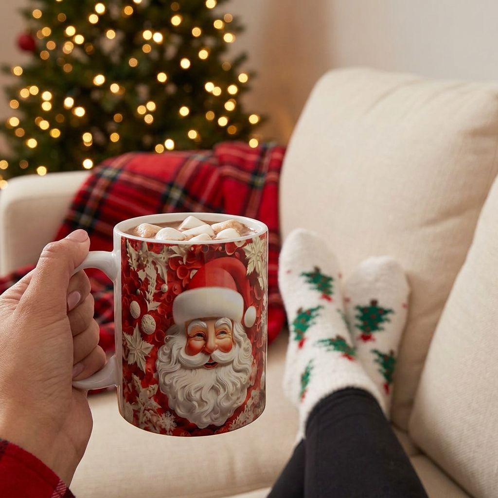 Christmas Mug and Fuzzy Socks Gift Set - cozy sofa evening with Golden Santa mug