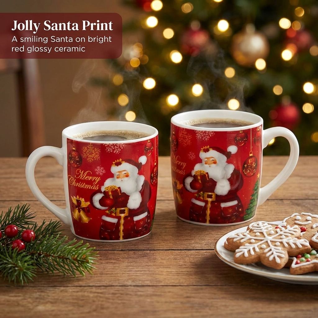 Santa Mug Gift Set of 2 - Jolly Santa Print - Tree Santa