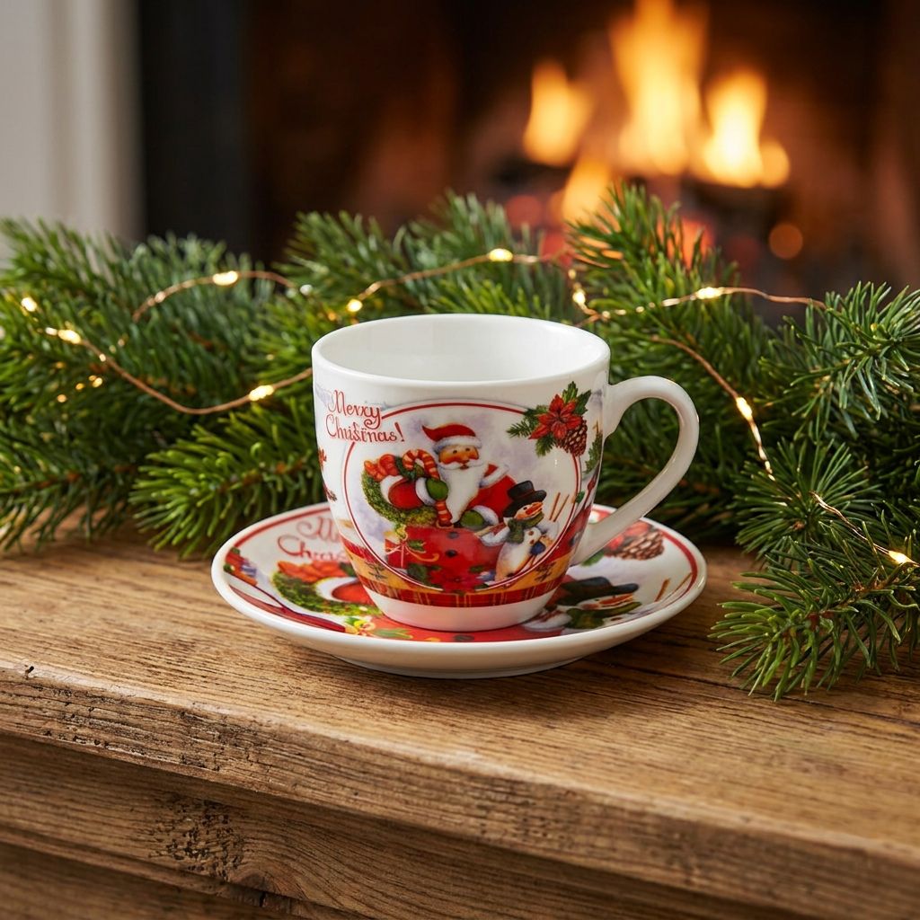 Christmas Mug Set with Saucers - Wreath Santa design