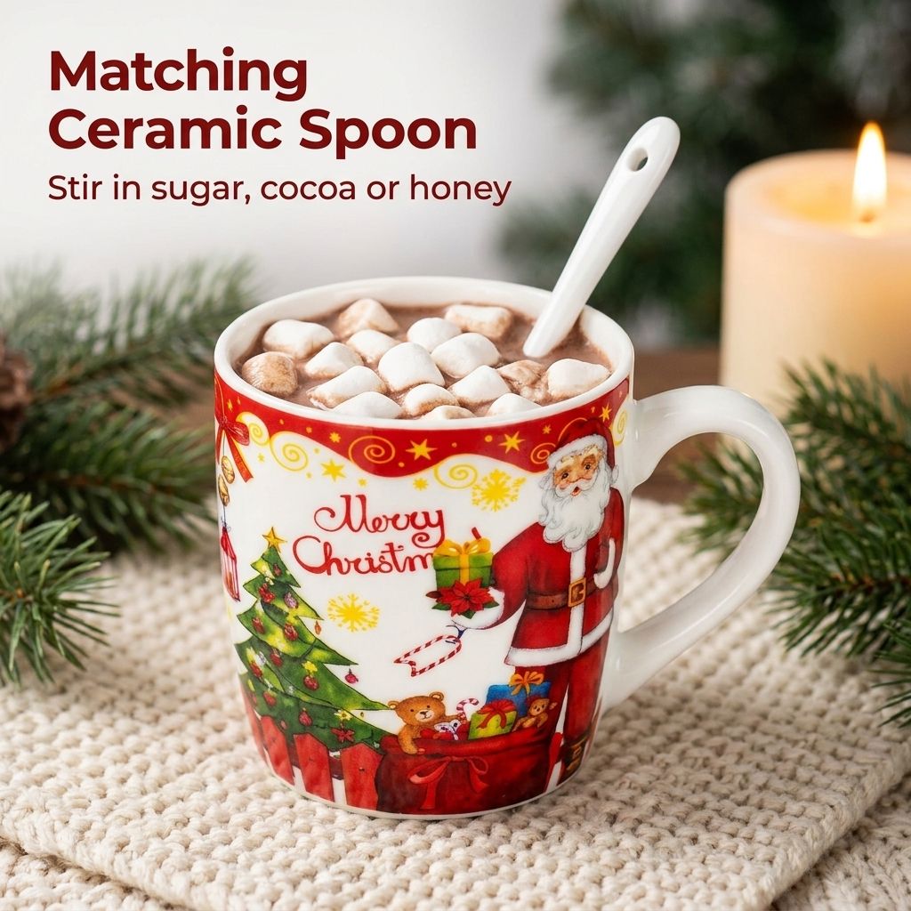 Matching ceramic spoon stirring hot cocoa in Santa mug