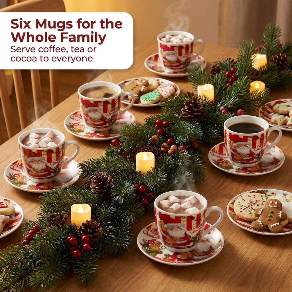 Christmas Mug Set with Saucers - Six Mugs for the Whole Family