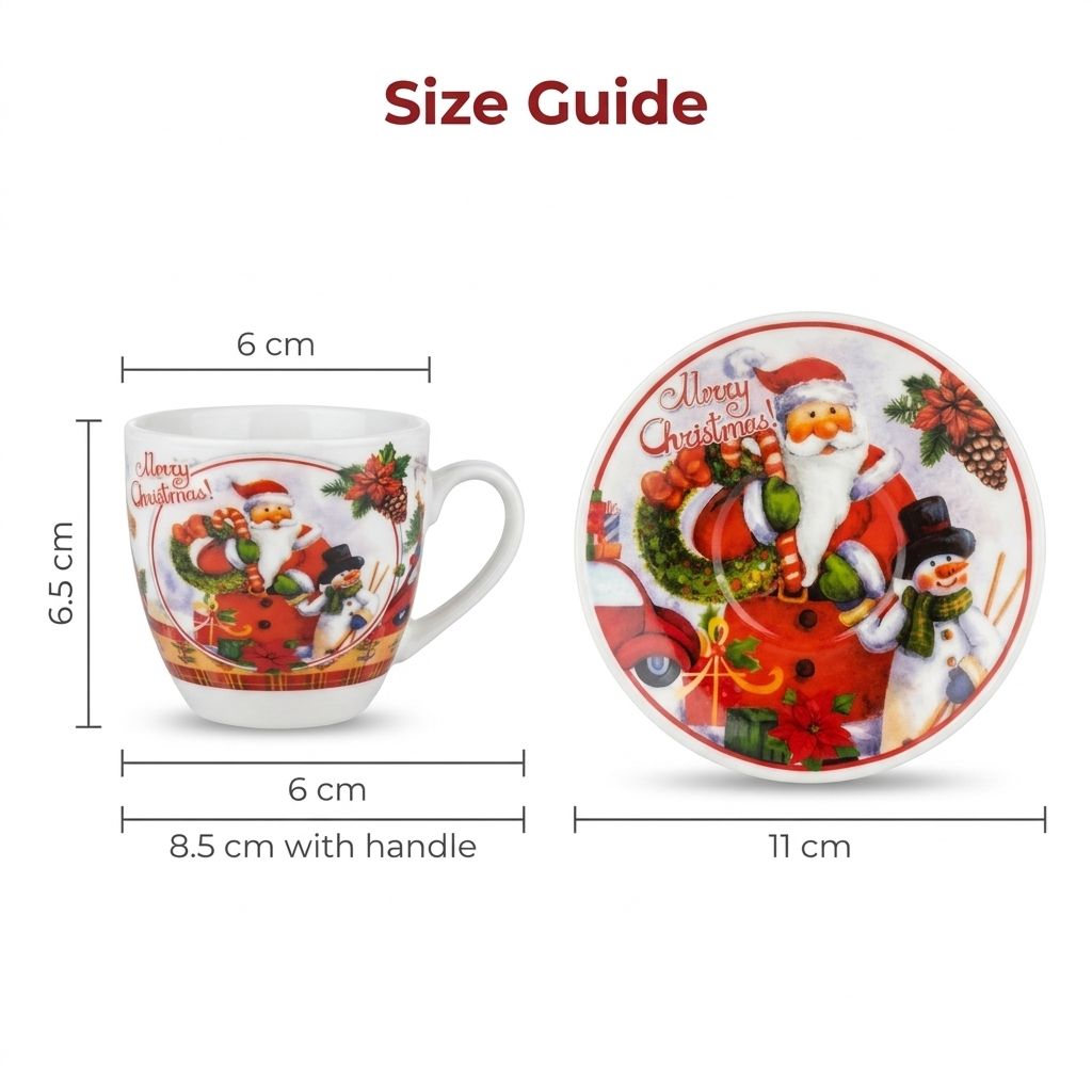 Christmas Mug Set with Saucers - Size guide: cup 6.5 cm high, 6 cm wide, 8.5 cm with handle, saucer 11 cm