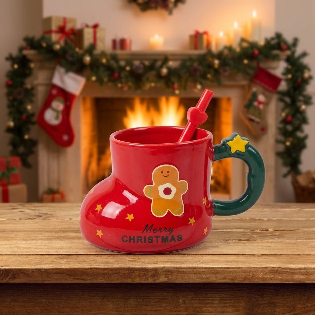 Christmas Boot Mug with Straw - Red Gingerbread