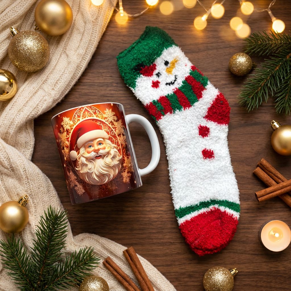 Christmas Mug and Fuzzy Socks Gift Set - golden ornate Santa mug with snowman socks