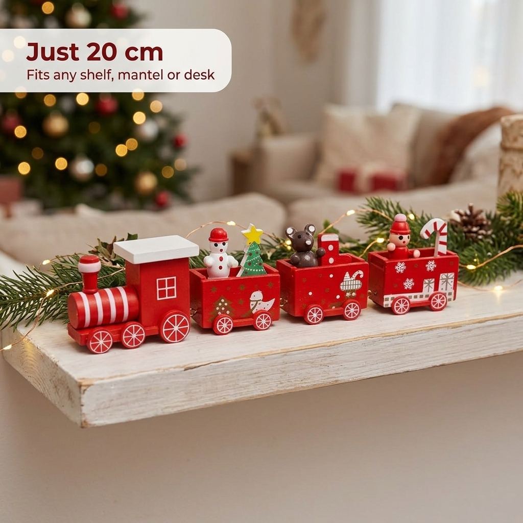 20 cm wooden Christmas train on a shelf