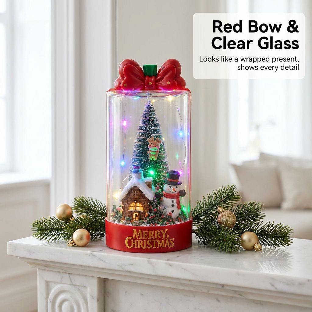 Light-Up Christmas Glass Jar Decoration - Red Bow and Clear Glass (Snowy Village)