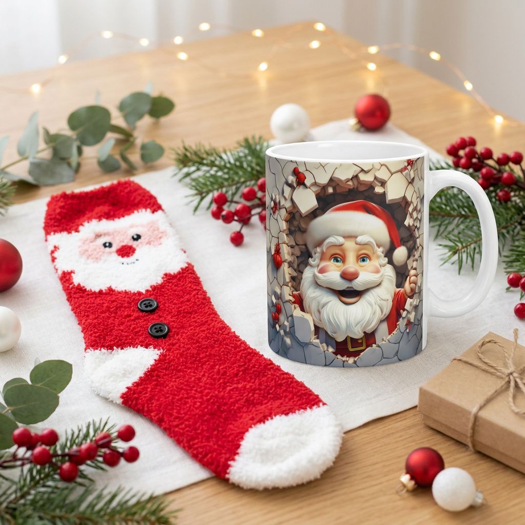 Christmas Mug and Fuzzy Socks Gift Set - Peeking Santa mug with red Santa socks