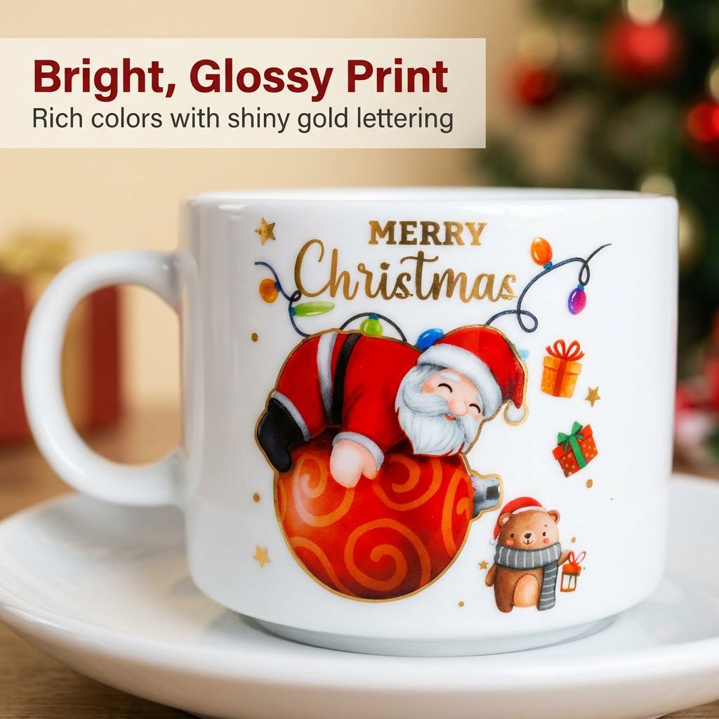 Santa Christmas Cup and Saucer Set of 6 - Bright, glossy print close-up