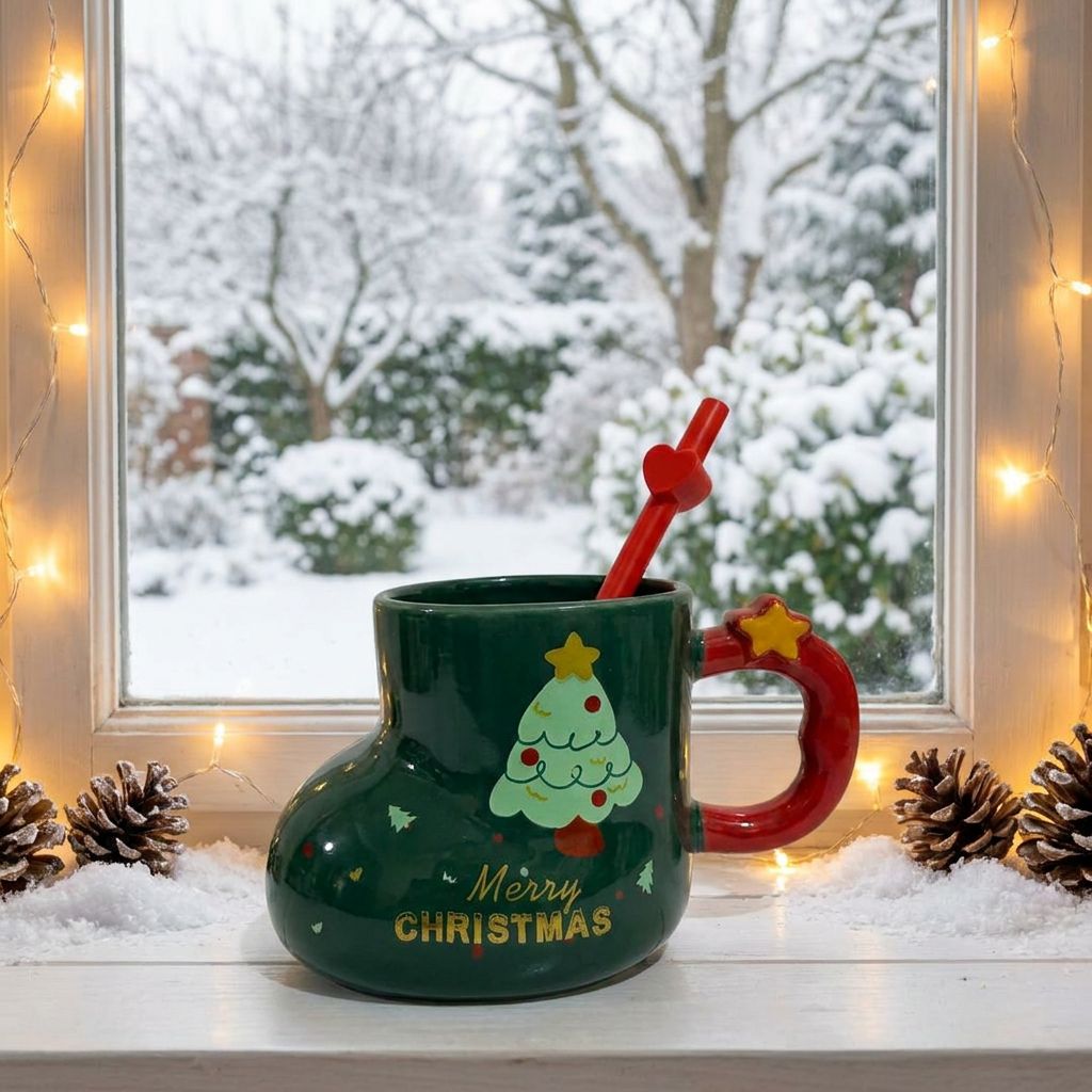 Christmas Boot Mug with Straw - Green Tree